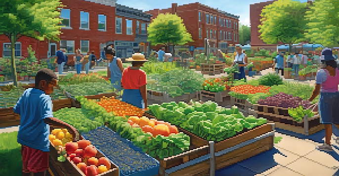 A community garden in Newark with residents working together among fruits and vegetables under a sunny sky.