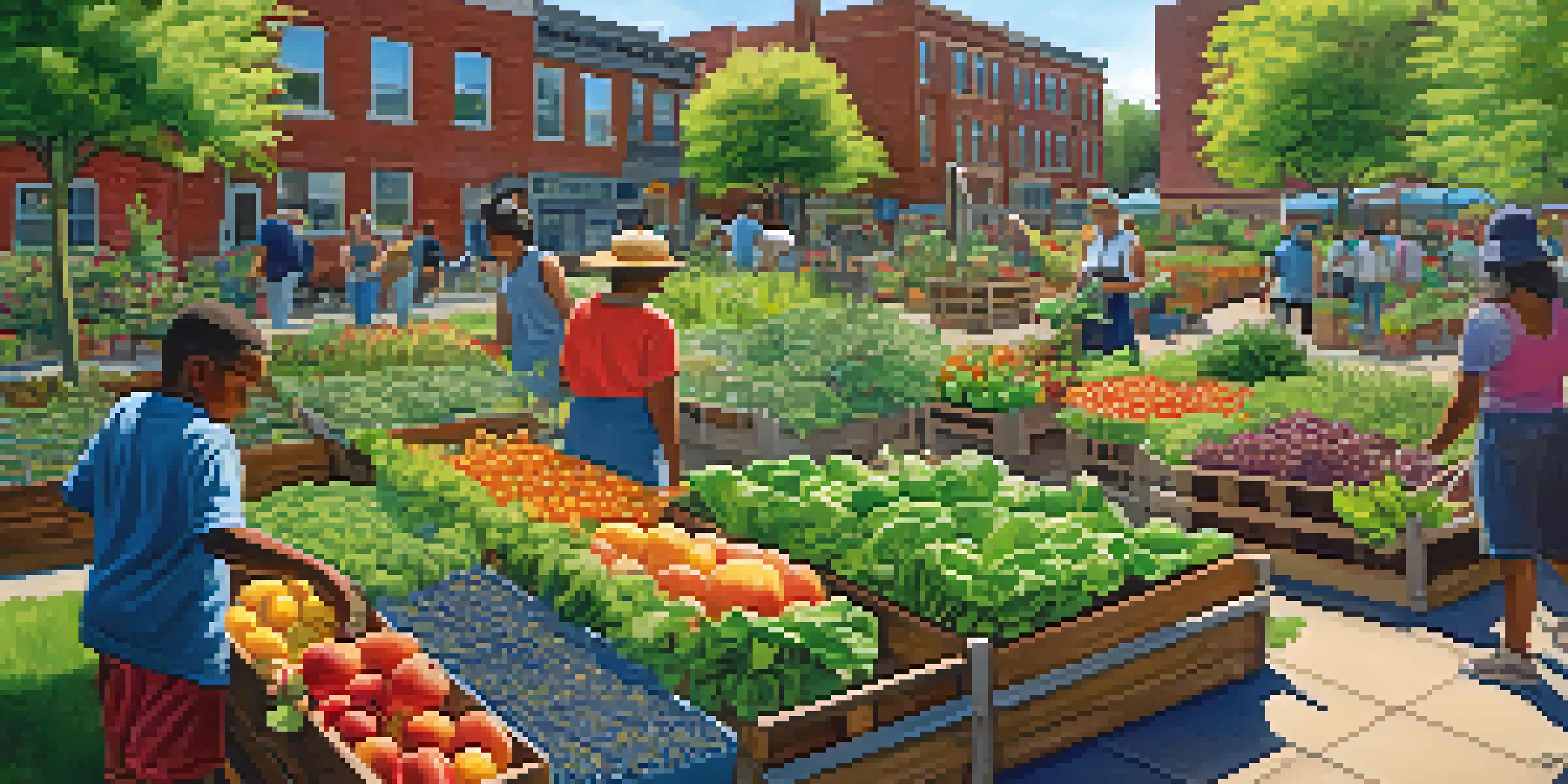 A community garden in Newark with residents working together among fruits and vegetables under a sunny sky.