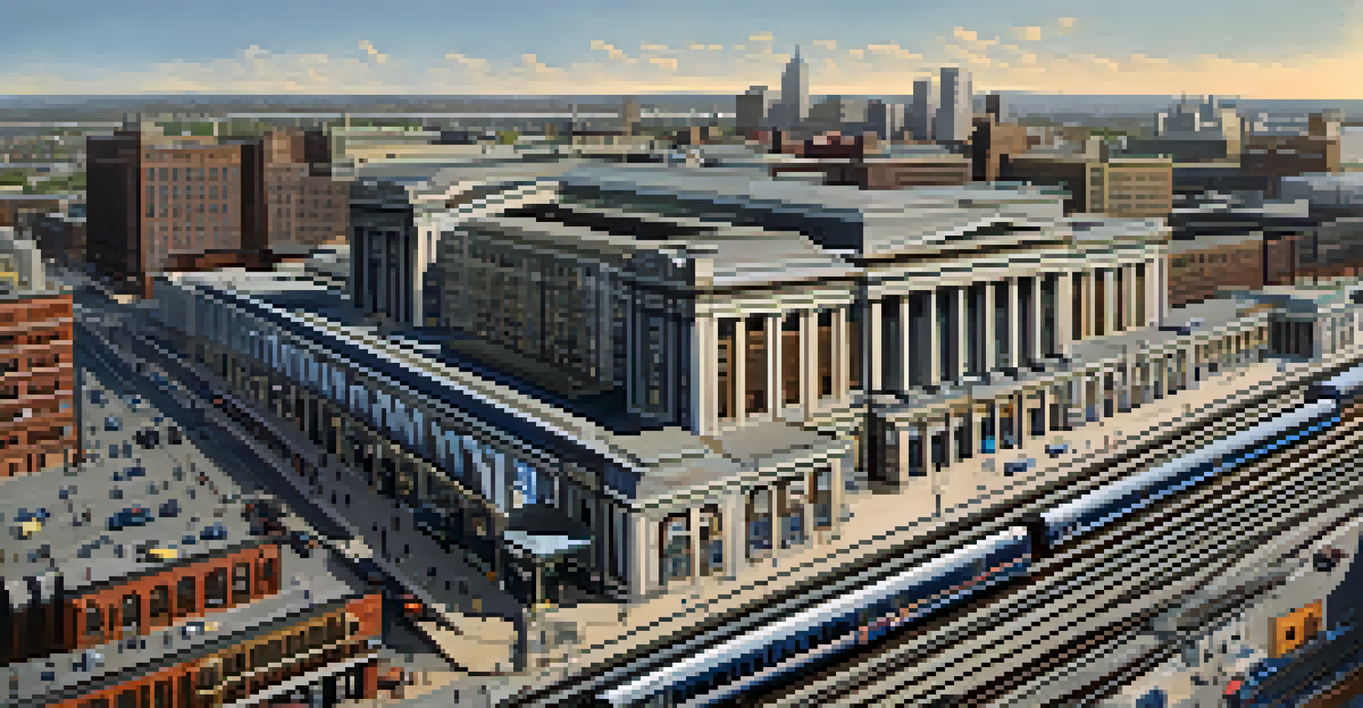Aerial view of Newark Penn Station with trains and passengers, highlighting urban connectivity.