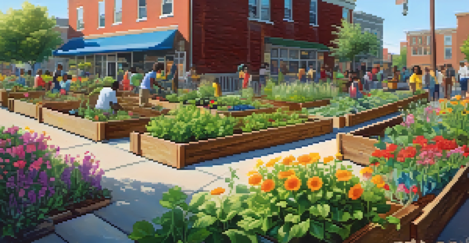 A lively community garden in Newark with raised vegetable beds, flowers, and residents gardening together, creating a joyful community atmosphere.