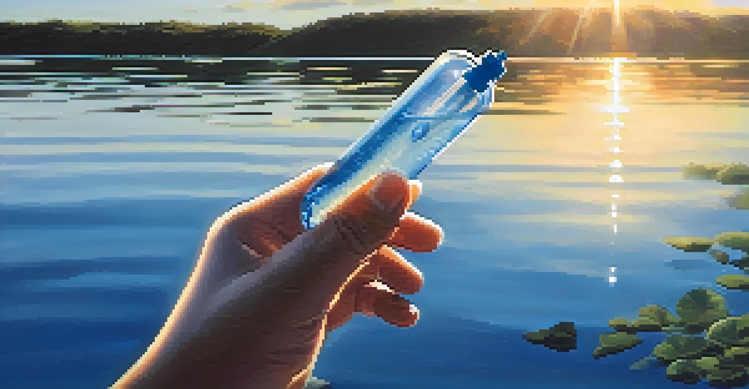 A hand holding a water testing kit above a clear lake, representing water quality monitoring efforts.