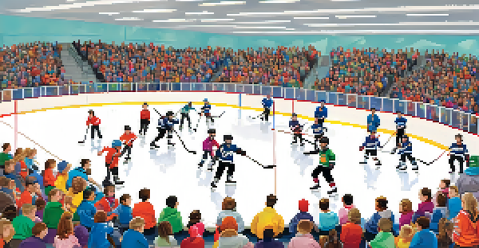 A diverse group of children practicing hockey with a local athlete in a bright ice rink, surrounded by cheering parents.