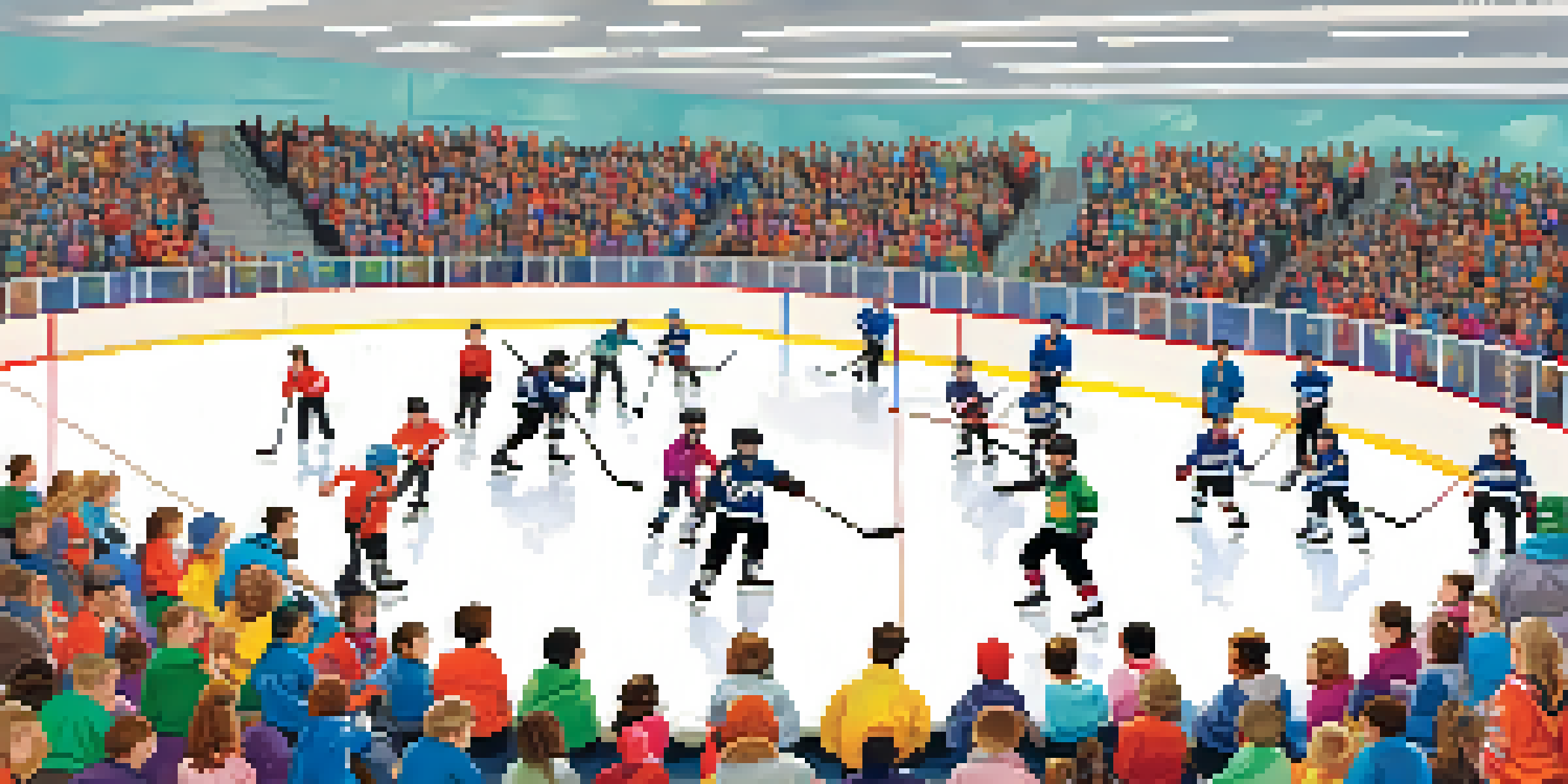 A diverse group of children practicing hockey with a local athlete in a bright ice rink, surrounded by cheering parents.