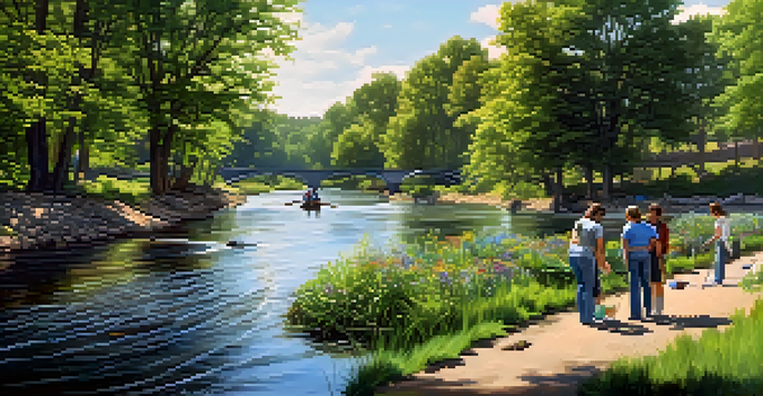 A clean river in Newark with volunteers picking up litter along the bank, surrounded by trees and flowers.