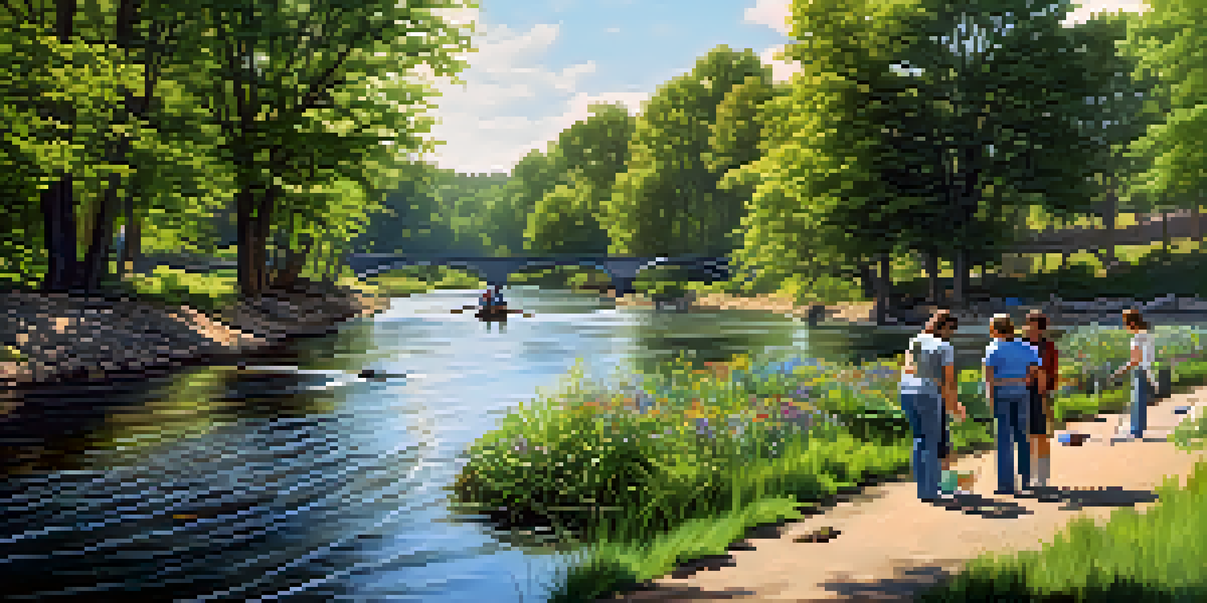 A clean river in Newark with volunteers picking up litter along the bank, surrounded by trees and flowers.