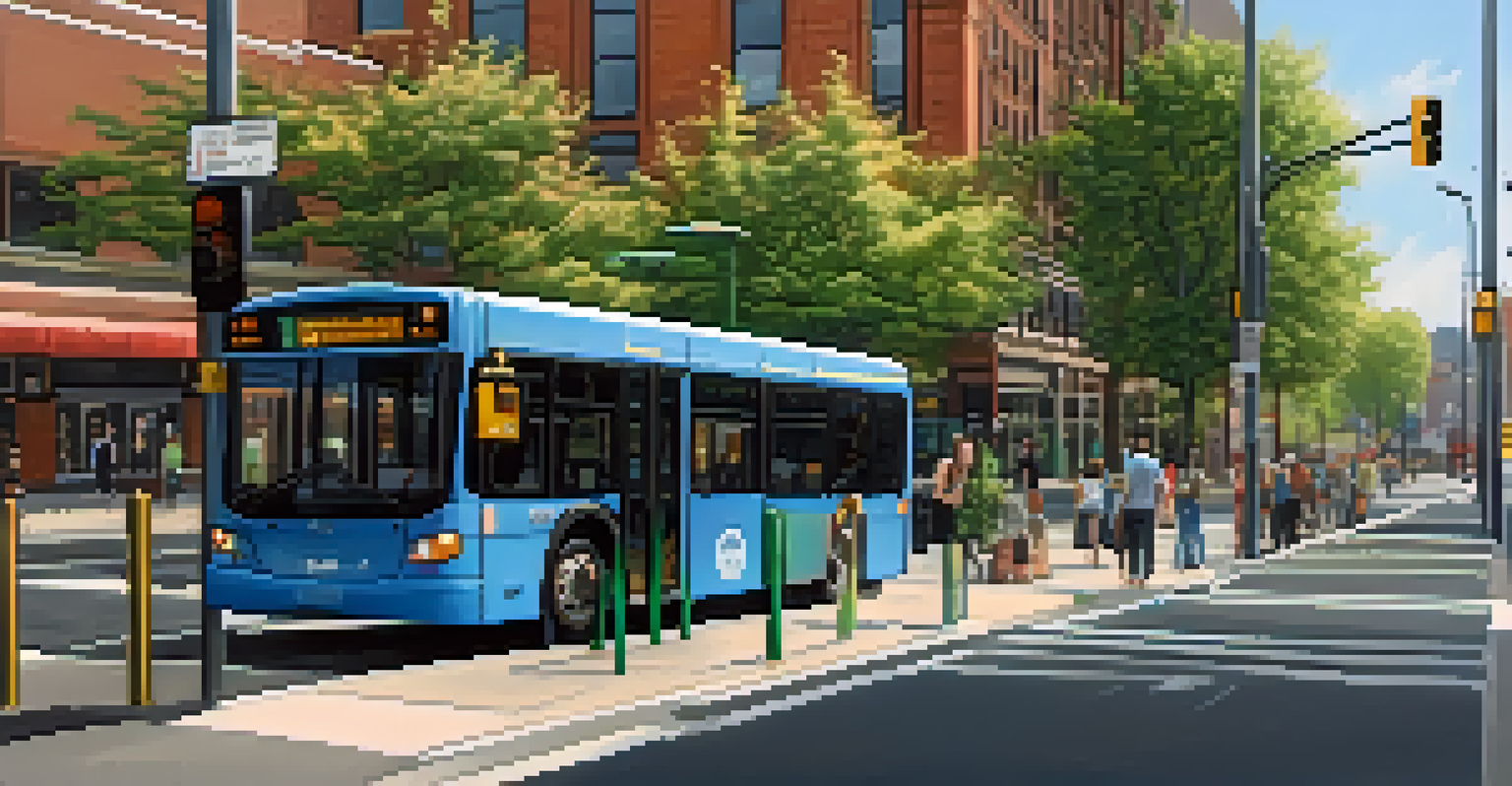 A modern bus stop in Newark with a bus waiting, surrounded by greenery and local shops.