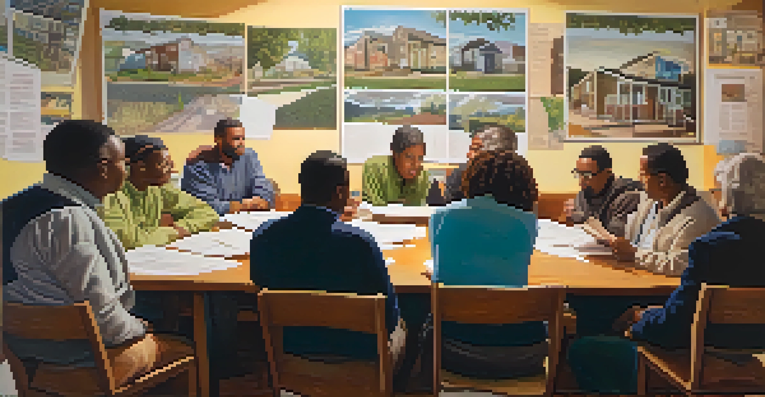 A close-up of a community meeting about affordable housing, showing residents around a table with plans and advocacy posters on the walls.