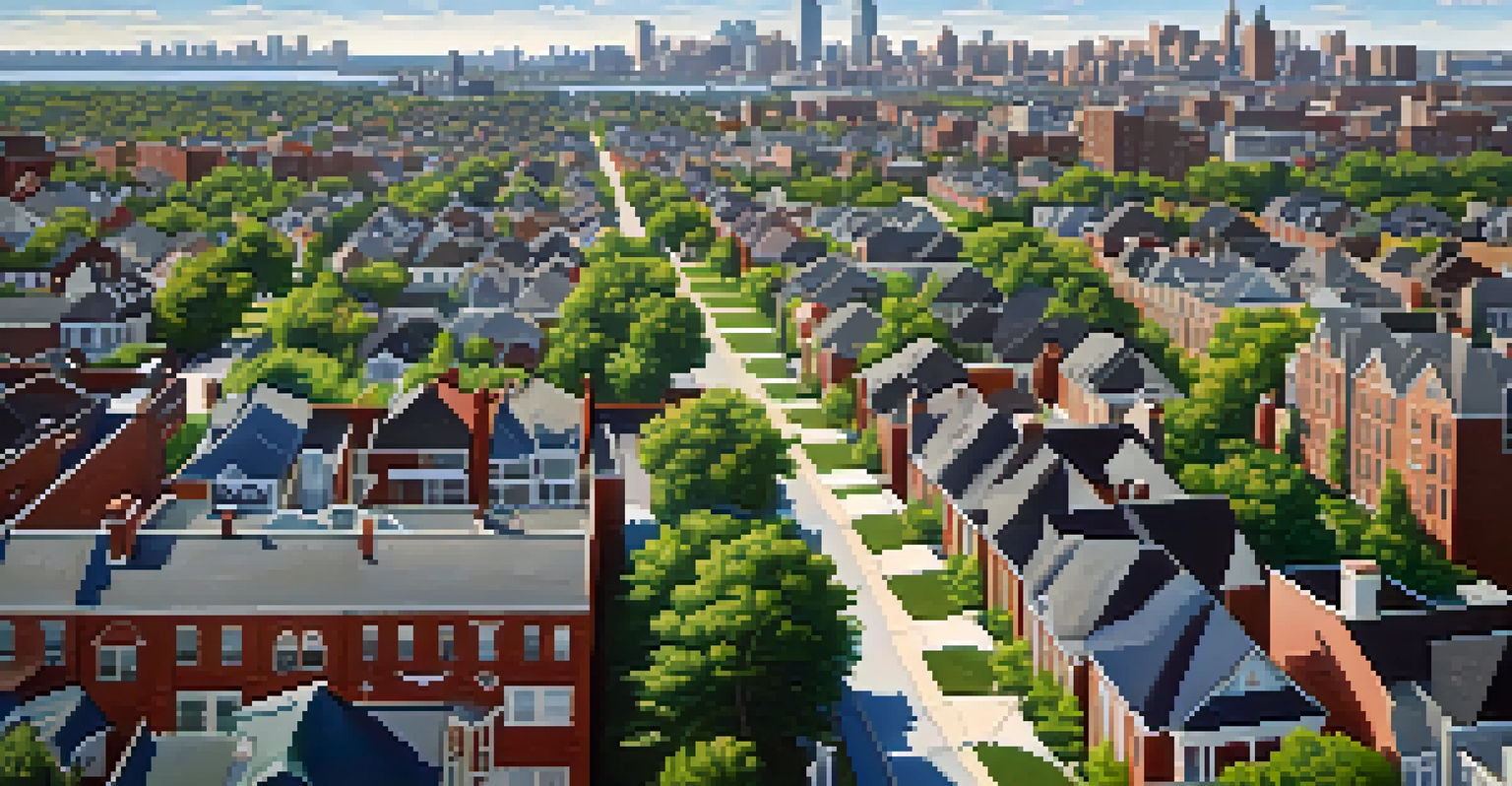 An aerial view of Newark showing a neighborhood with a mix of old homes and new upscale buildings, surrounded by parks and a distant skyline.