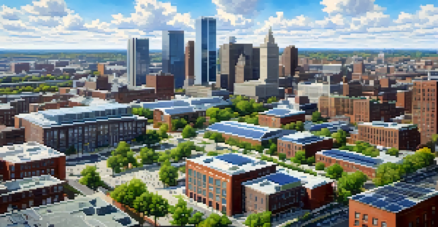 An aerial view of Newark with solar panels on buildings and green roofs, showcasing urban sustainability.