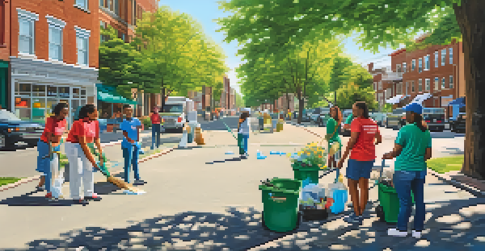 A community clean-up event in Newark with diverse volunteers picking up trash and planting flowers under bright sunlight.