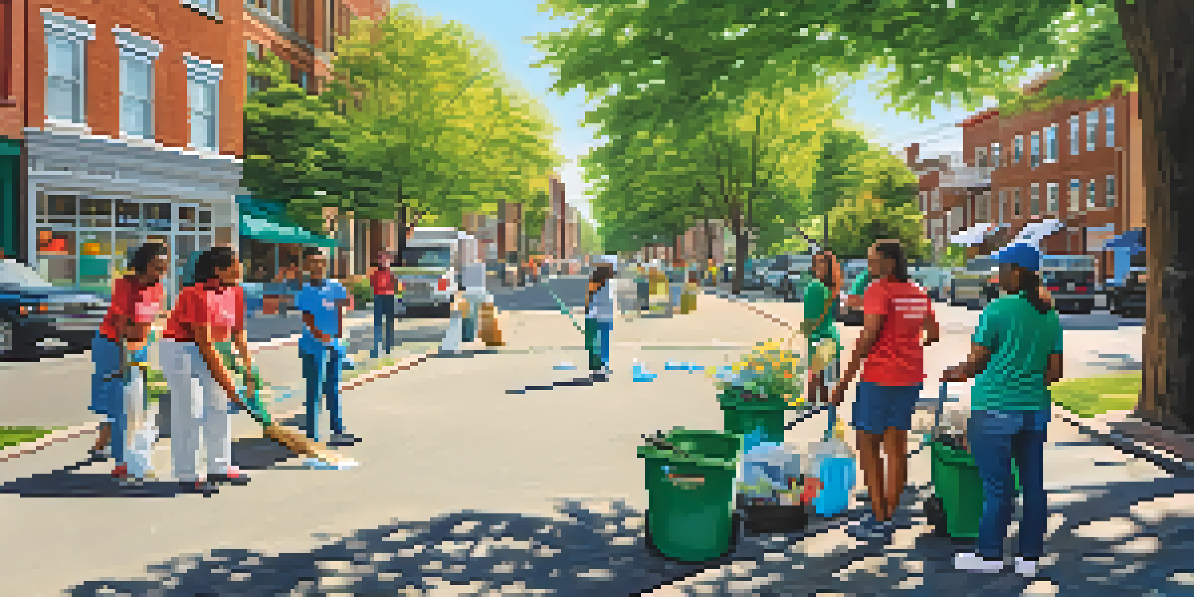 A community clean-up event in Newark with diverse volunteers picking up trash and planting flowers under bright sunlight.