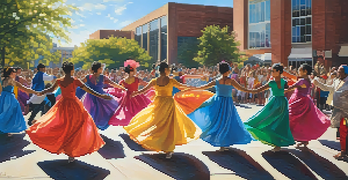 A diverse group of dancers performing outdoors in colorful costumes against the backdrop of the New Jersey Performing Arts Center, with a lively crowd and bright blue sky.