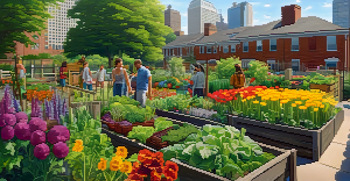 A colorful urban garden in Newark with people gardening, surrounded by modern buildings.