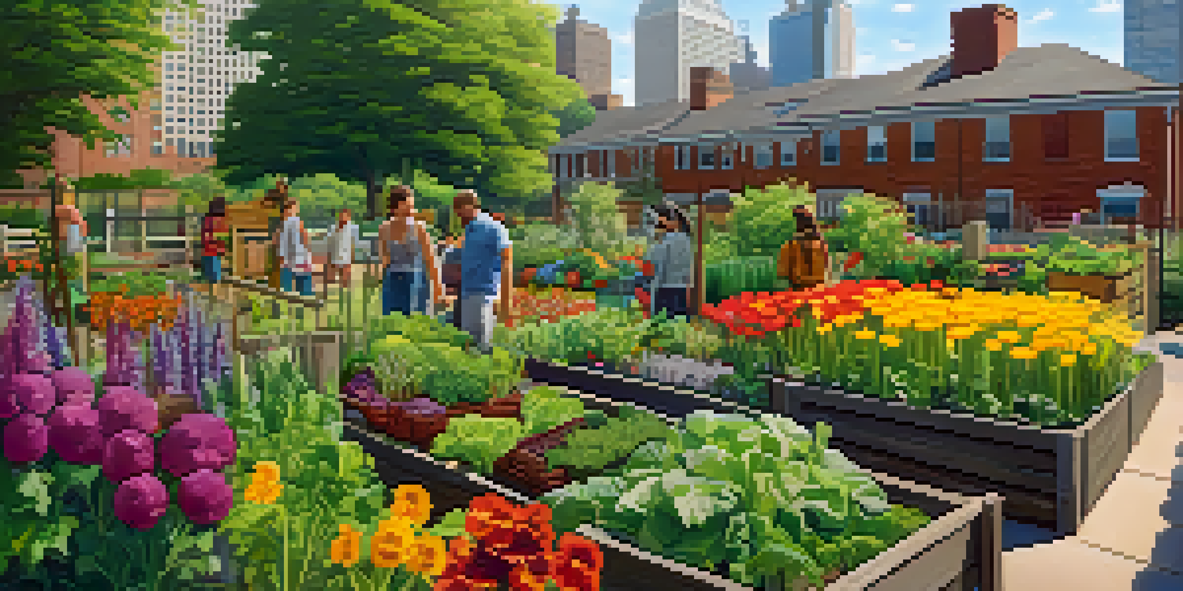 A colorful urban garden in Newark with people gardening, surrounded by modern buildings.
