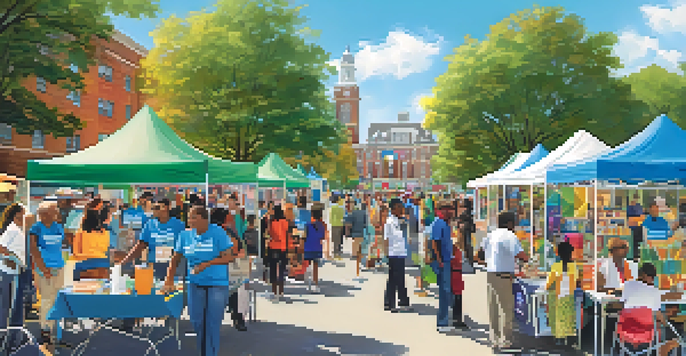A lively community health fair in Newark with various booths and diverse residents engaging with healthcare professionals in a sunny park.