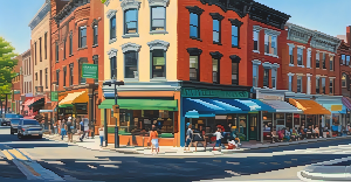 A lively street in Newark, New Jersey, featuring a blend of old and new architecture, with people walking and colorful shops.