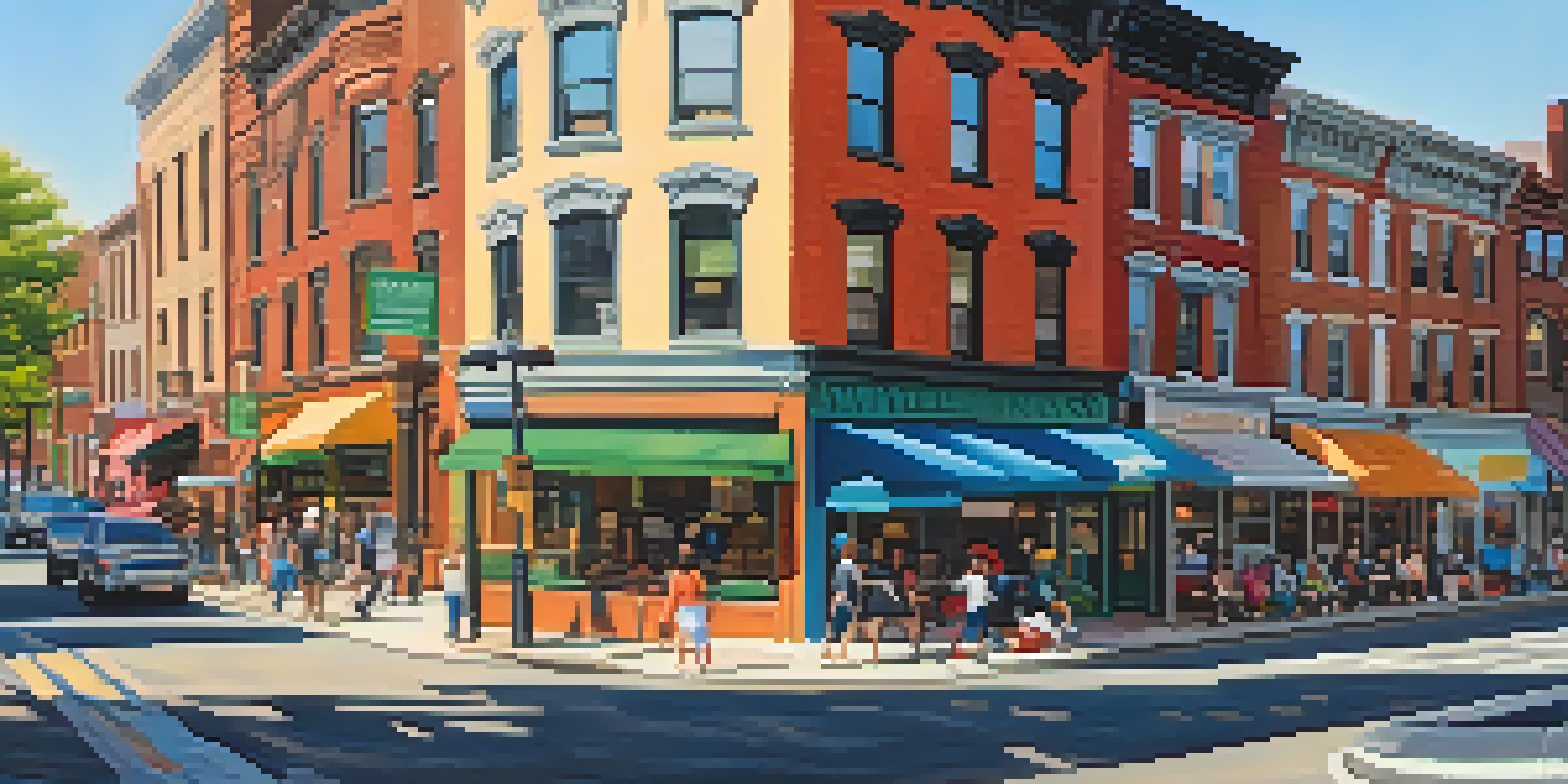 A lively street in Newark, New Jersey, featuring a blend of old and new architecture, with people walking and colorful shops.