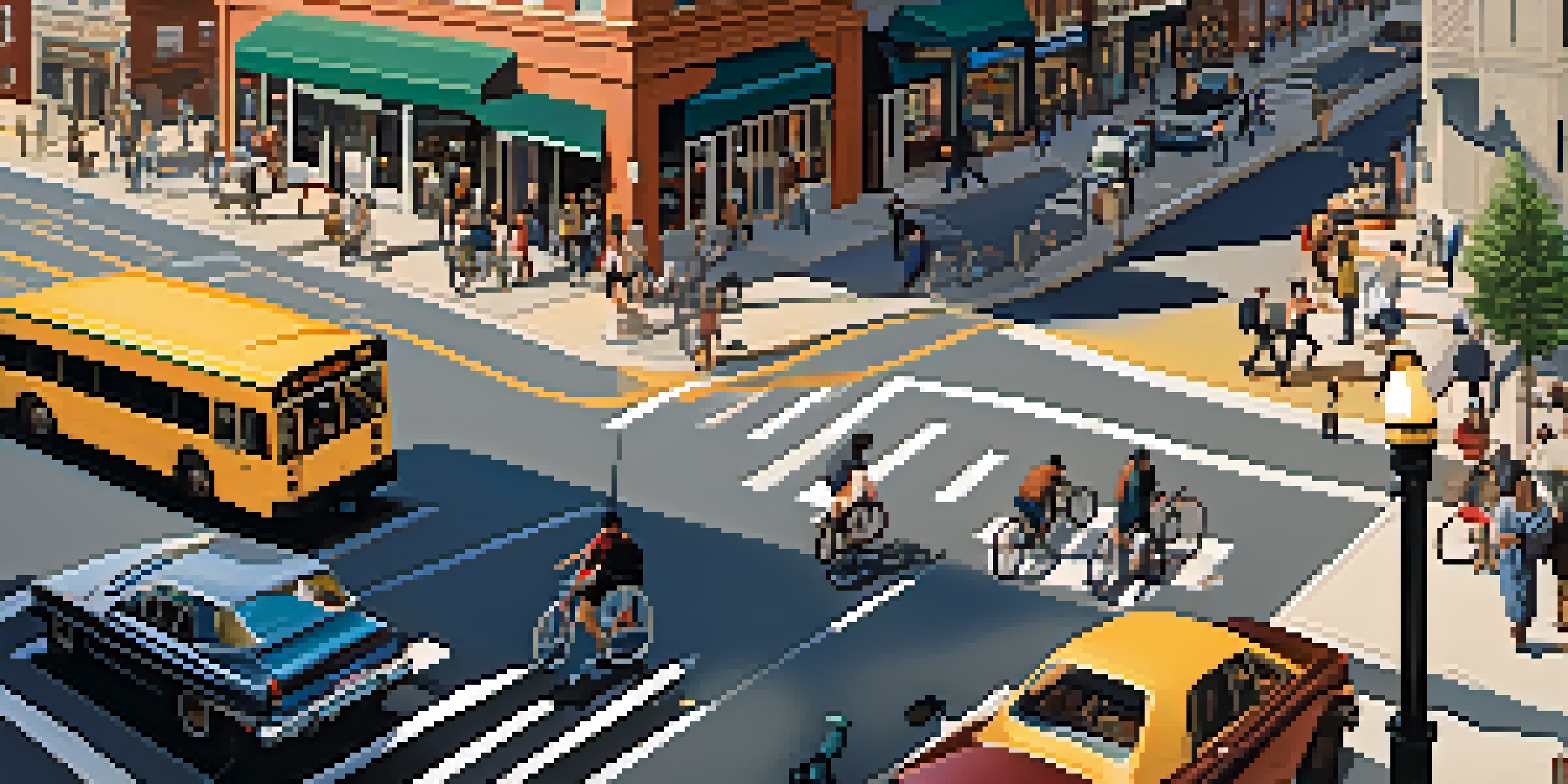A busy street in Newark during rush hour, with people crossing the road, cars, buses, and bicycles, under warm sunlight.