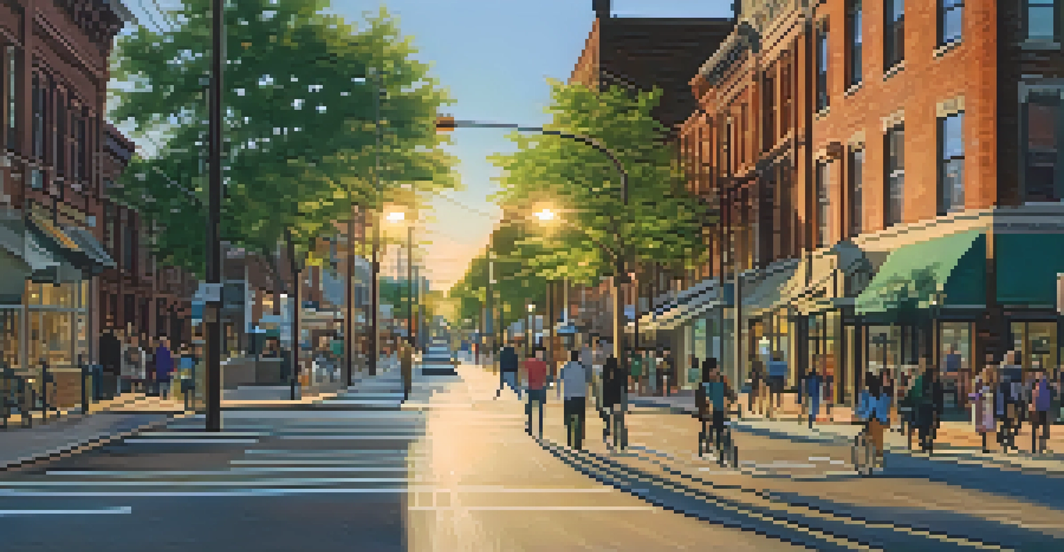 A scenic evening view of a pedestrian-friendly street in Newark with people walking and biking. Warm sunset light enhances the inviting atmosphere of the area.