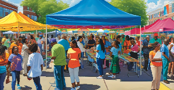 A community health fair in Newark with diverse people engaging with healthcare professionals, colorful tents, and children participating in activities under a sunny sky.