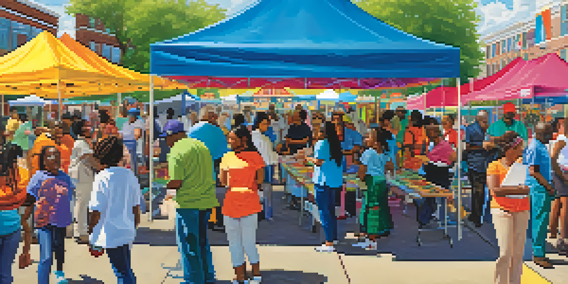 A community health fair in Newark with diverse people engaging with healthcare professionals, colorful tents, and children participating in activities under a sunny sky.