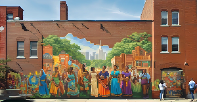 A colorful mural showcasing the diverse cultures of Newark, with various figures and elements representing community heritage against a brick wall.