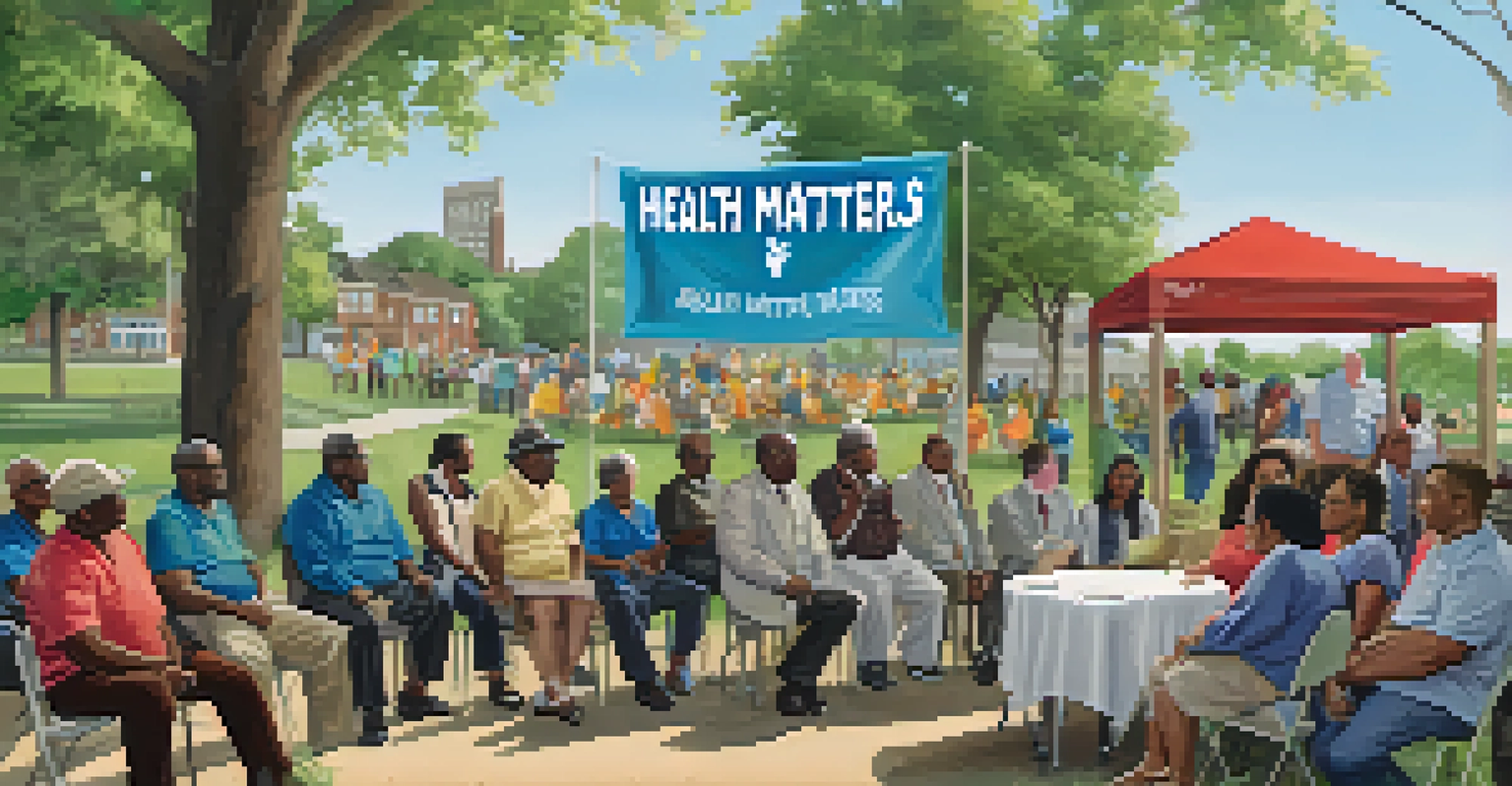 Community leaders hosting a town hall meeting outdoors in Newark, discussing health initiatives with engaged residents.