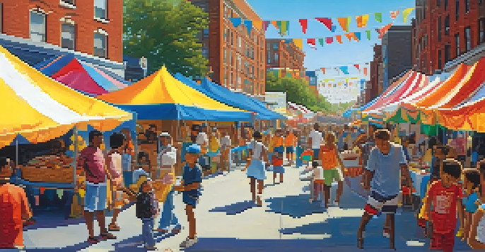 A lively street scene during a cultural festival in Newark, featuring diverse groups of people enjoying food and performances under colorful banners.