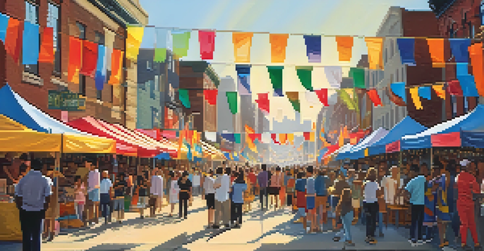 A lively street festival in Newark with colorful banners, diverse people enjoying music and dance, and food stalls offering various cuisines.
