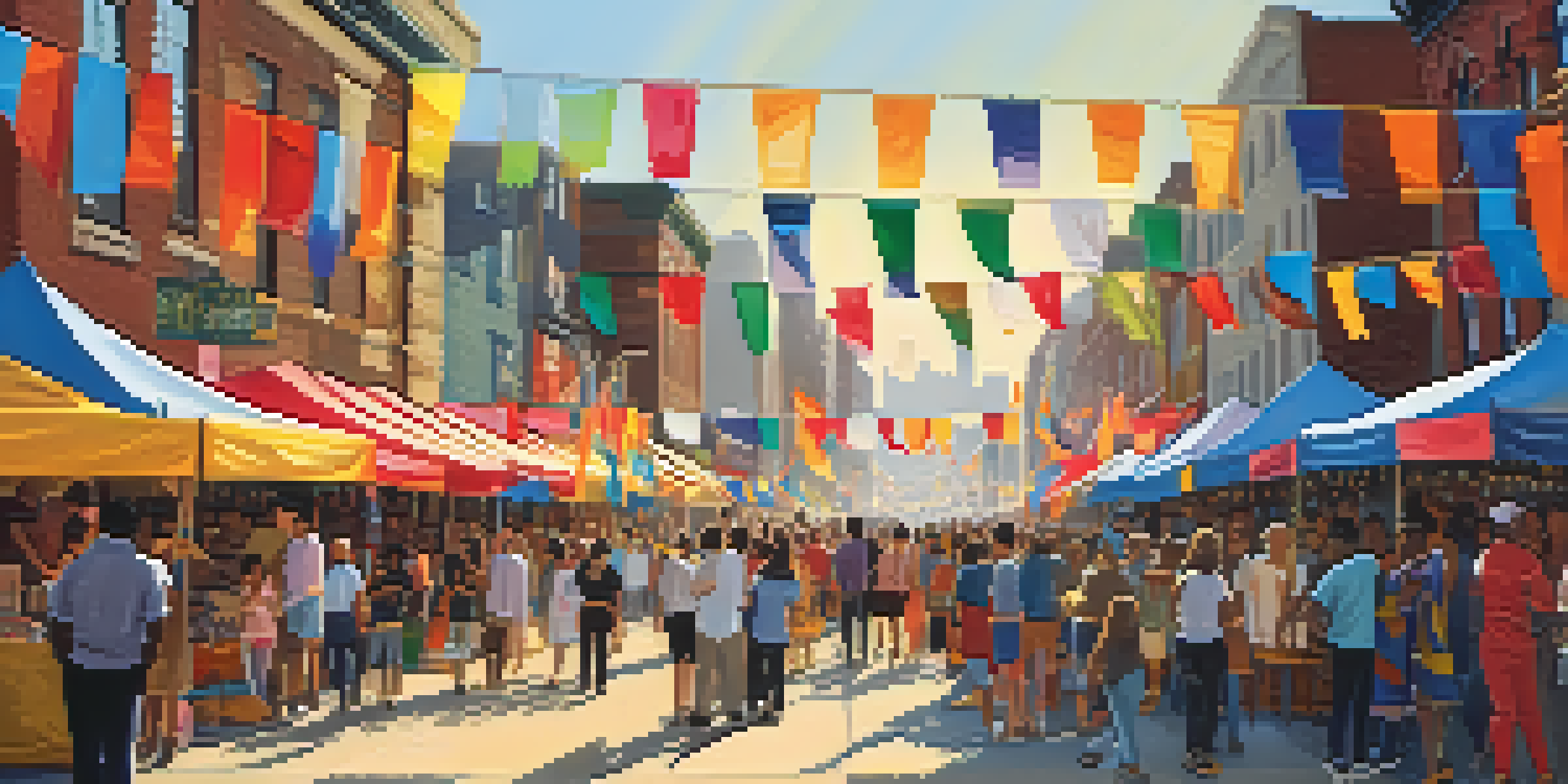 A lively street festival in Newark with colorful banners, diverse people enjoying music and dance, and food stalls offering various cuisines.