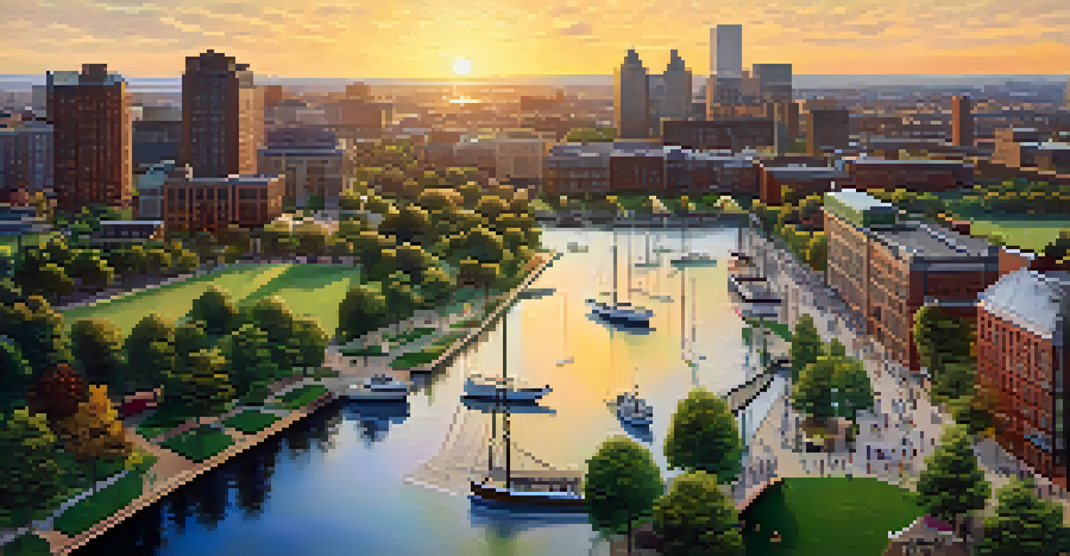 Aerial view of Newark's waterfront with parks, people enjoying outdoor activities, and a beautiful sunset.