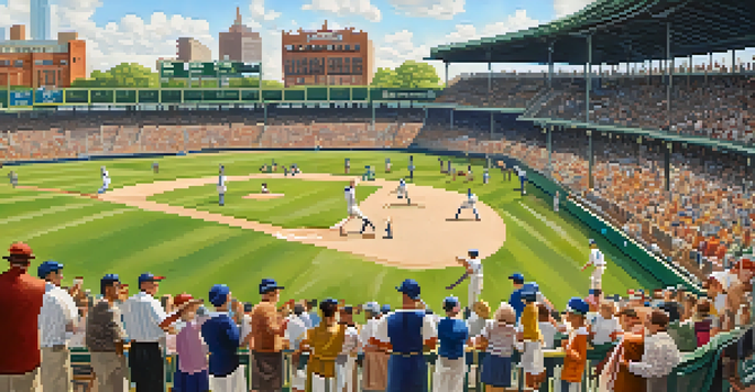 A vintage baseball game at Bears & Eagles Riverfront Stadium, showcasing players in 1920s uniforms and a diverse crowd of fans enjoying the game under warm sunlight.