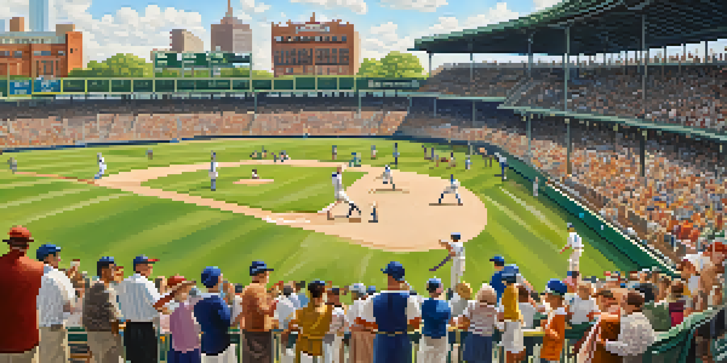 A vintage baseball game at Bears & Eagles Riverfront Stadium, showcasing players in 1920s uniforms and a diverse crowd of fans enjoying the game under warm sunlight.