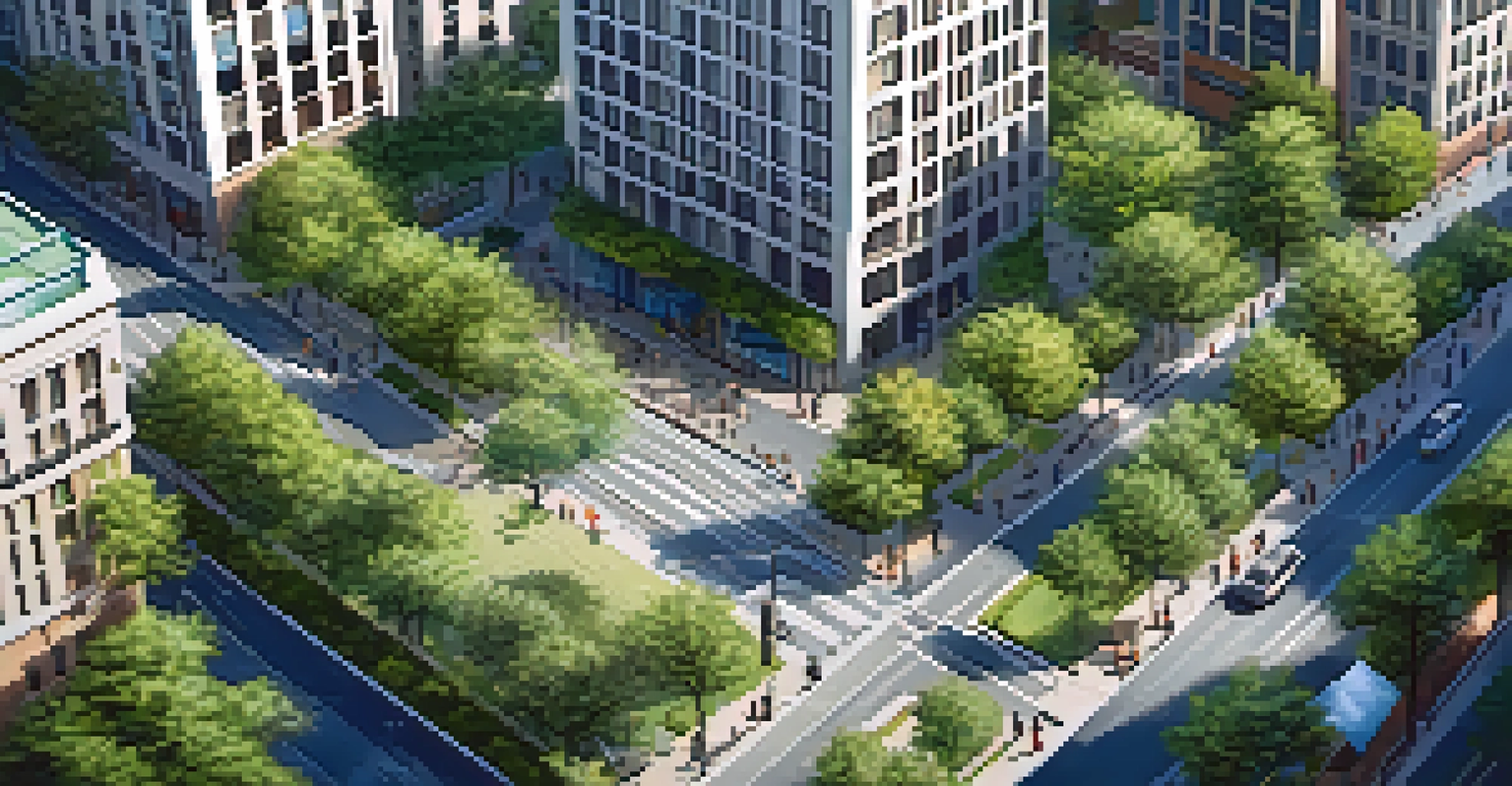 An aerial view of a city street with cool roofs and trees, demonstrating urban heat mitigation efforts.