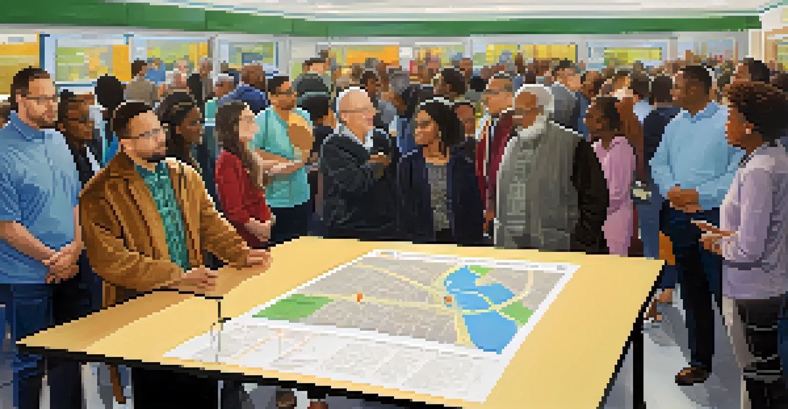 A community meeting discussing public transit accessibility, with diverse residents engaged in conversation around a presentation board.