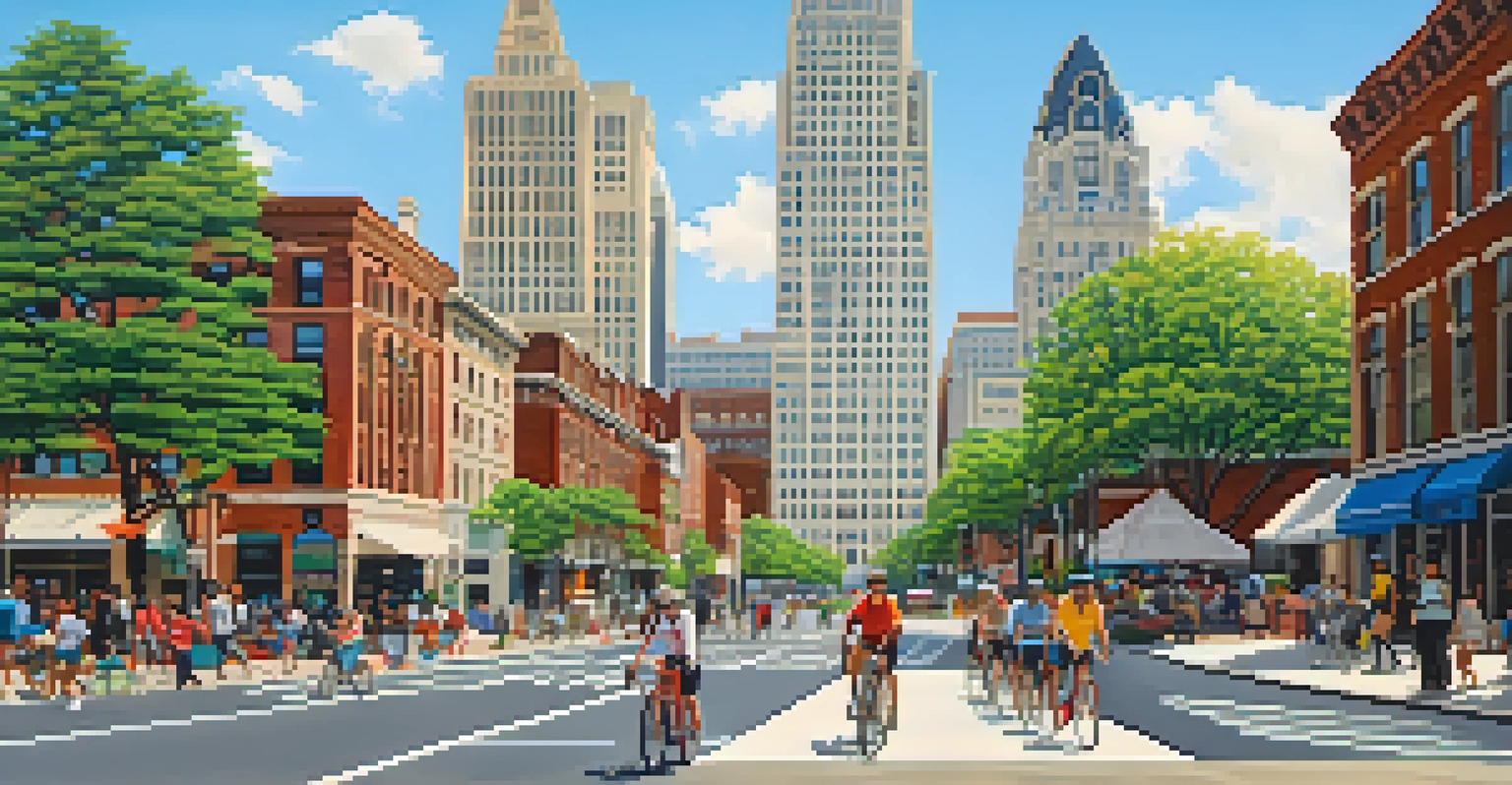 A cityscape of Newark with skyscrapers, bike lanes, and pedestrians under a blue sky.