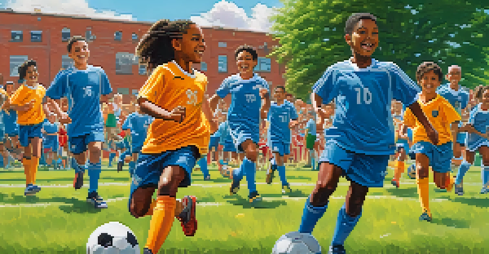 A lively soccer match with diverse young players, cheering spectators, and a bright sunny sky in Newark.