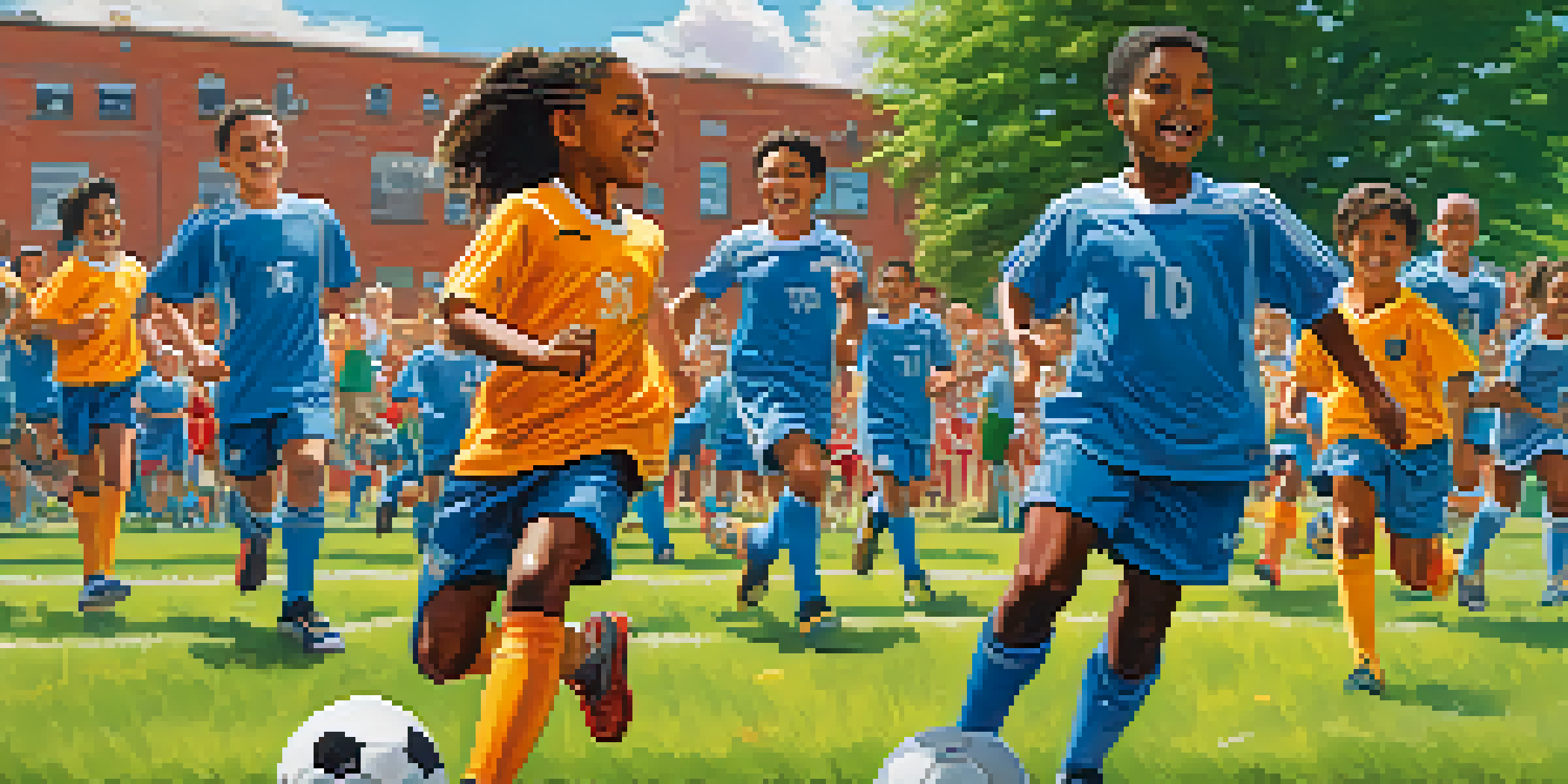 A lively soccer match with diverse young players, cheering spectators, and a bright sunny sky in Newark.