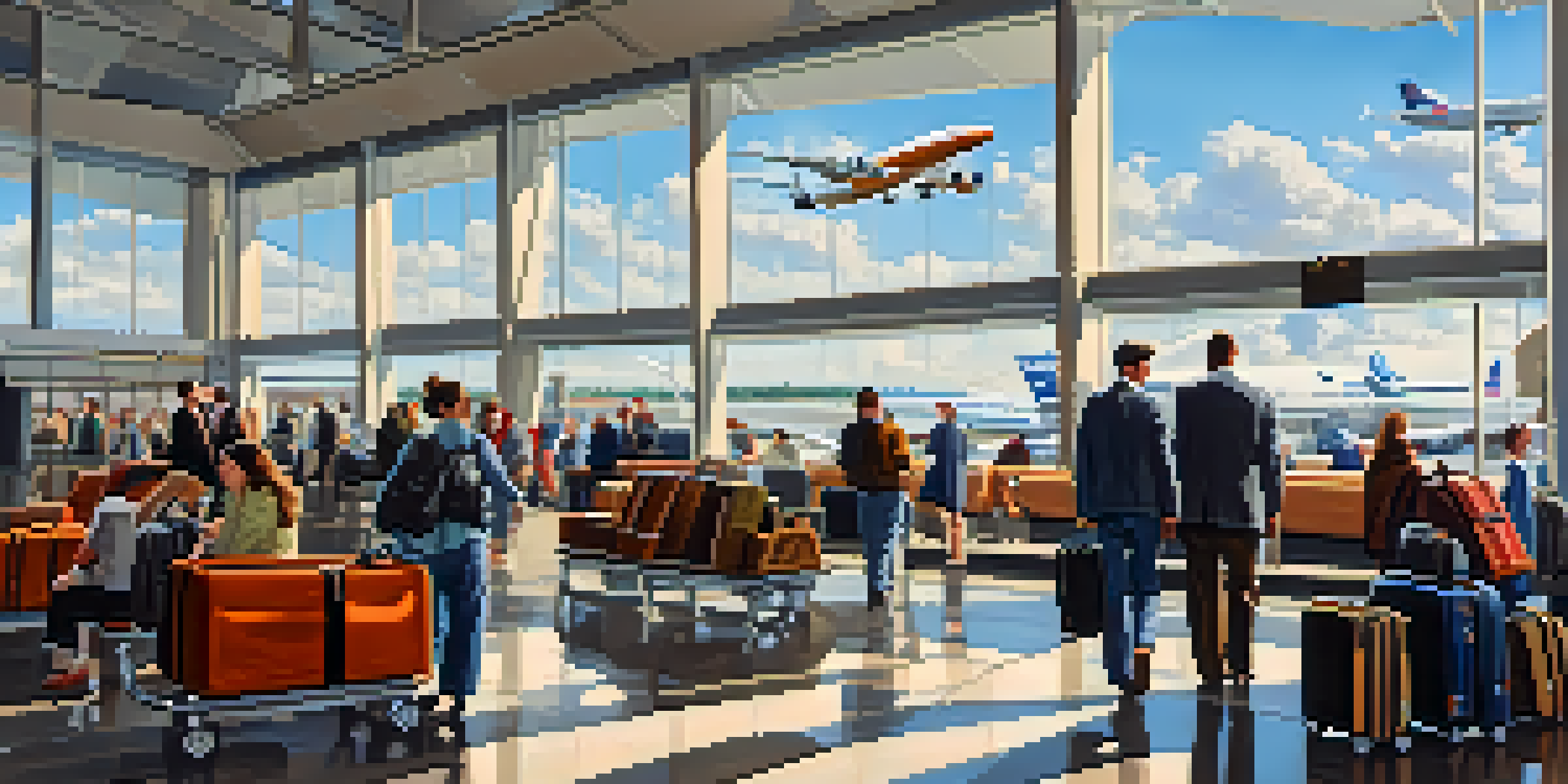 A busy airport terminal filled with travelers and sunlight streaming through large windows, with planes visible outside.