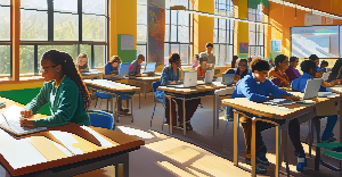 A classroom with adult learners participating in a computer skills workshop, featuring diverse individuals collaborating over laptops under bright sunlight.