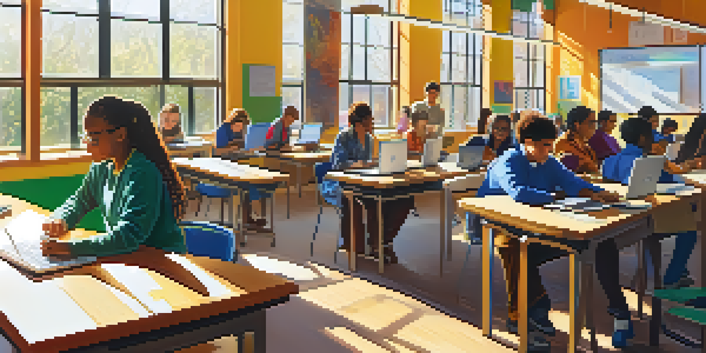 A classroom with adult learners participating in a computer skills workshop, featuring diverse individuals collaborating over laptops under bright sunlight.