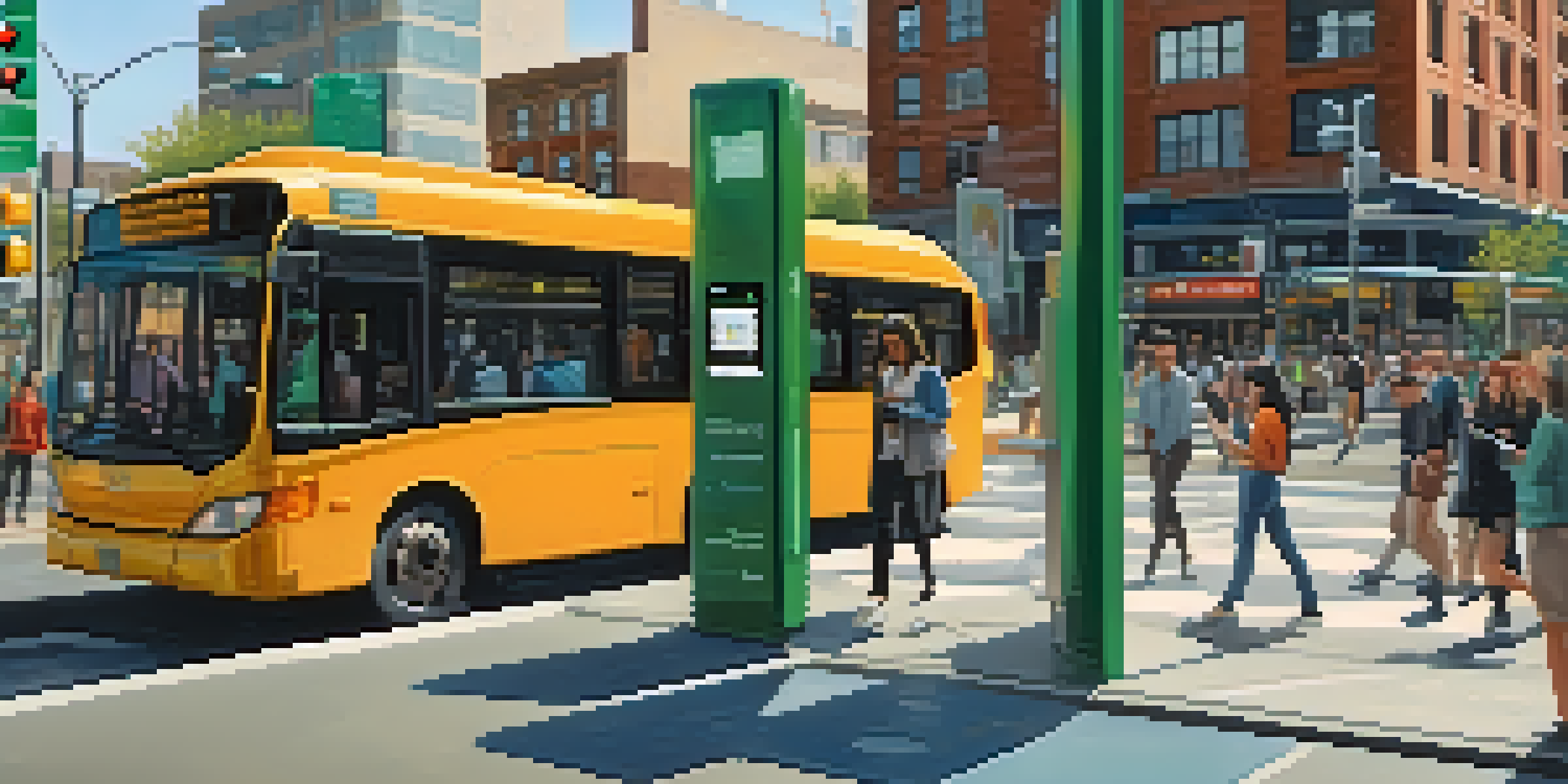 A busy Newark city scene with a modern bus stop displaying real-time arrival information and people using smartphones, alongside smart traffic signals and urban buildings.