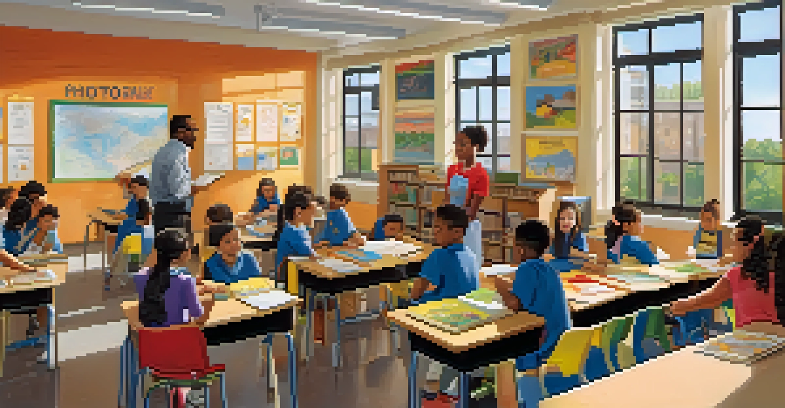 A Newark classroom with students of various ethnicities engaged in a hands-on learning activity, filled with educational materials and colorful artwork.