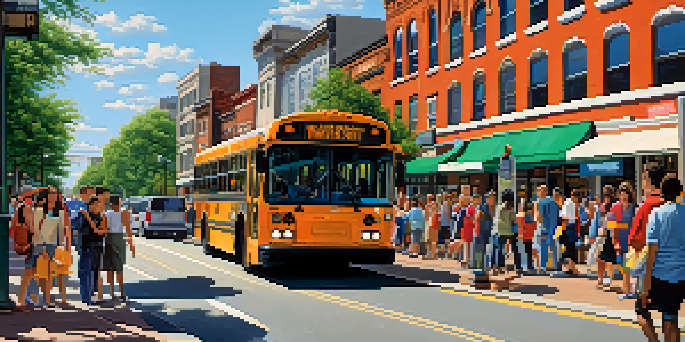 A bustling Newark street with a NJ Transit bus, diverse passengers, vibrant storefronts, and trees.