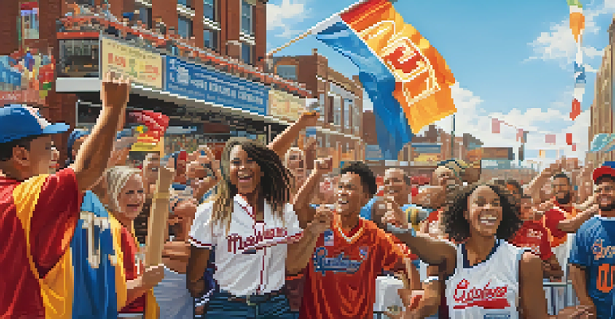 A lively outdoor sports event in Newark with diverse fans in team jerseys cheering, food stalls, and a historic stadium in the background.