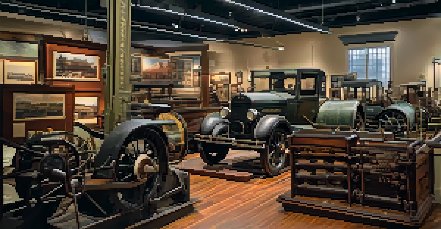 A historical exhibit showcasing artifacts from Newark's industrial past, including vintage machinery and informative panels.