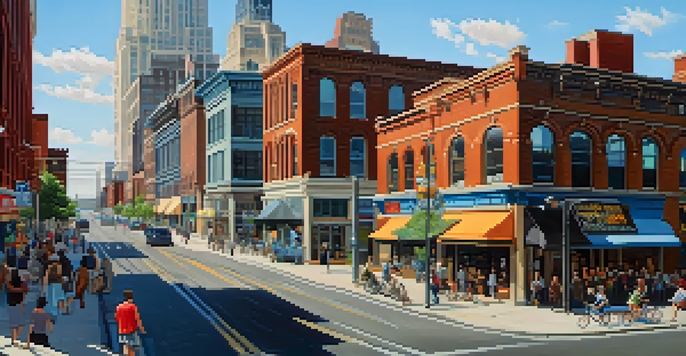 A lively city scene in Newark with a mix of historical and contemporary buildings, busy streets, and bright sunlight.