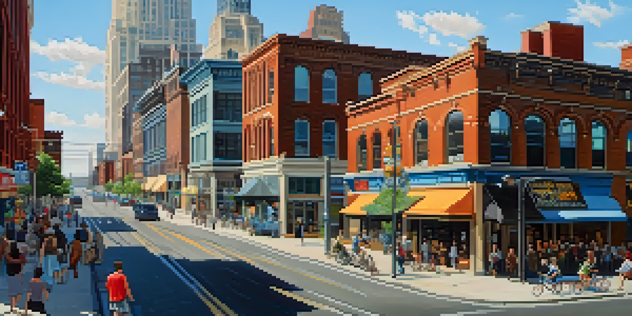 A lively city scene in Newark with a mix of historical and contemporary buildings, busy streets, and bright sunlight.