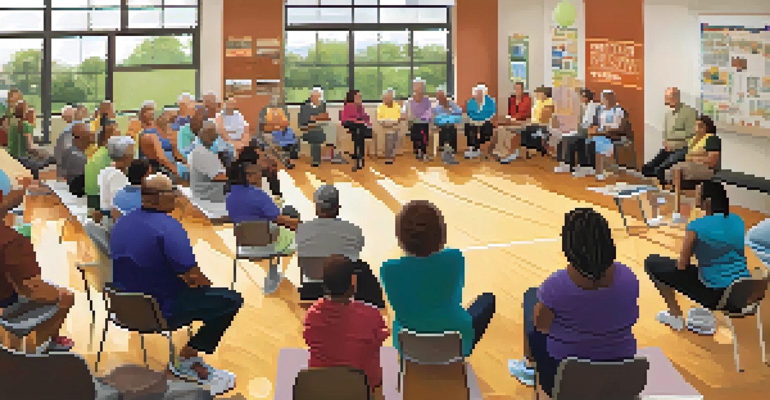 Residents attending a community seminar on nutrition and exercise, with a speaker and healthy food options visible in a local community center.