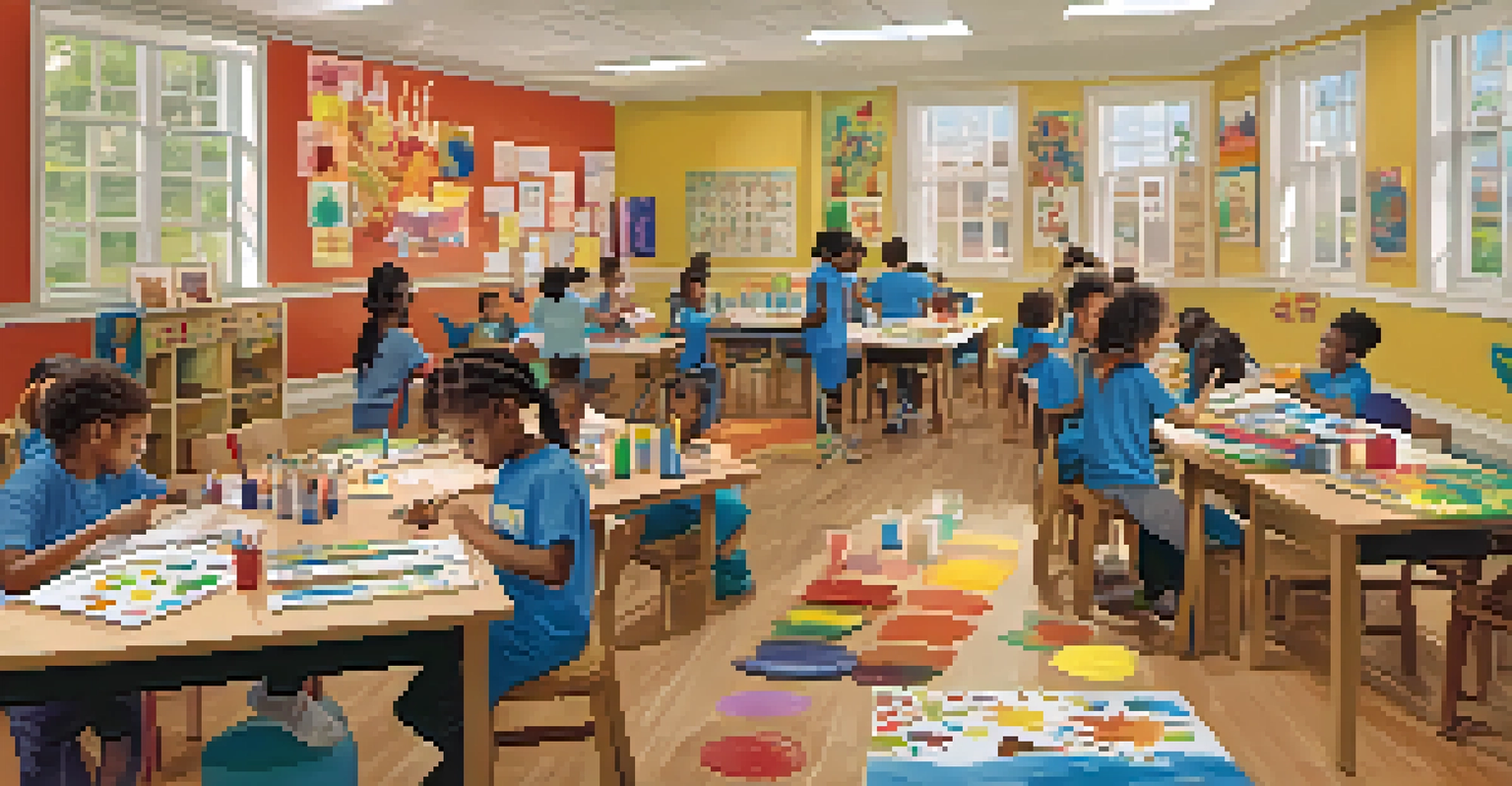 Children engaged in creative activities in an after-school program, surrounded by art supplies and their colorful artwork on display.